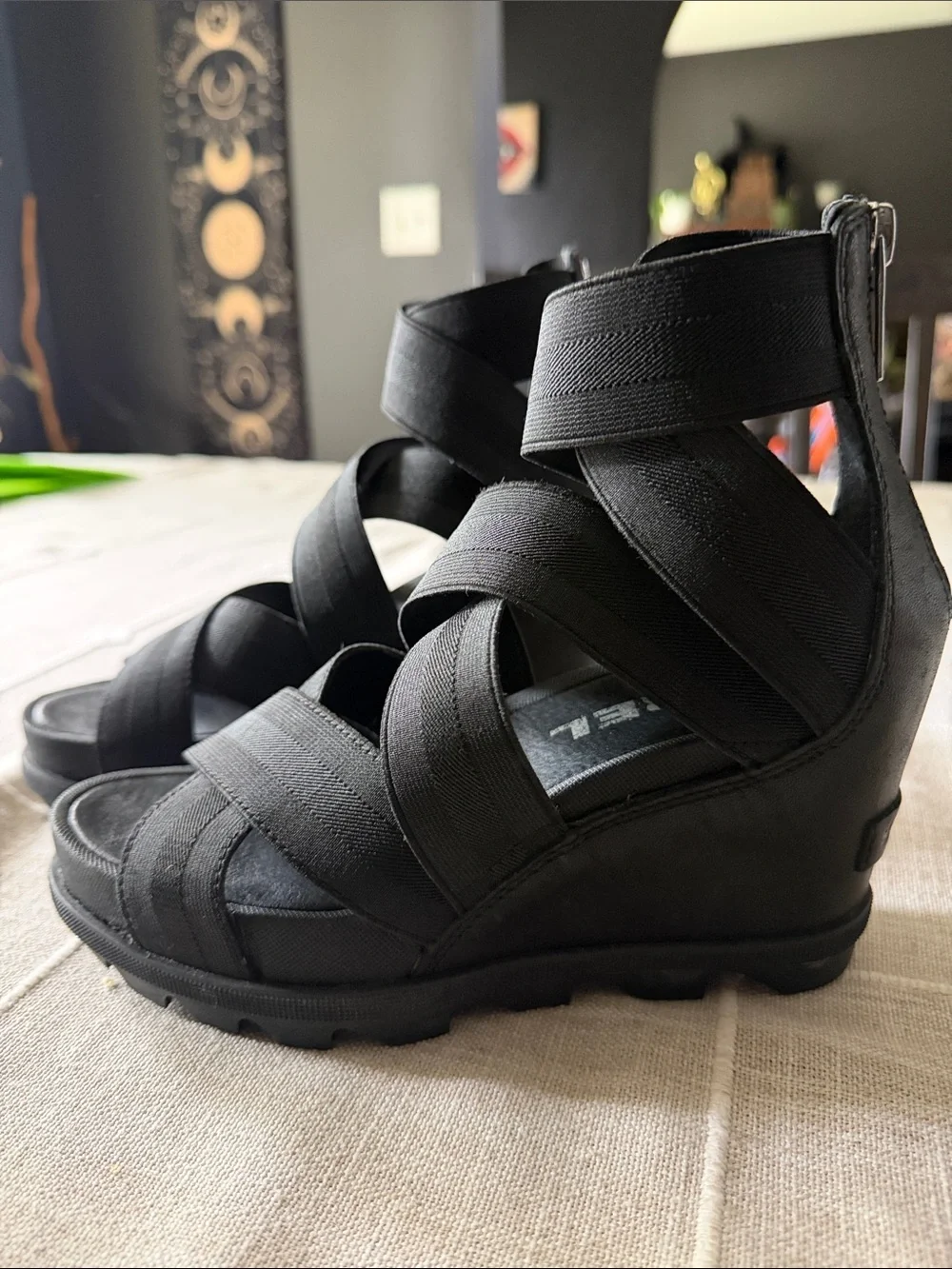 SOREL Joan style Black Strappy Wedge Sandals